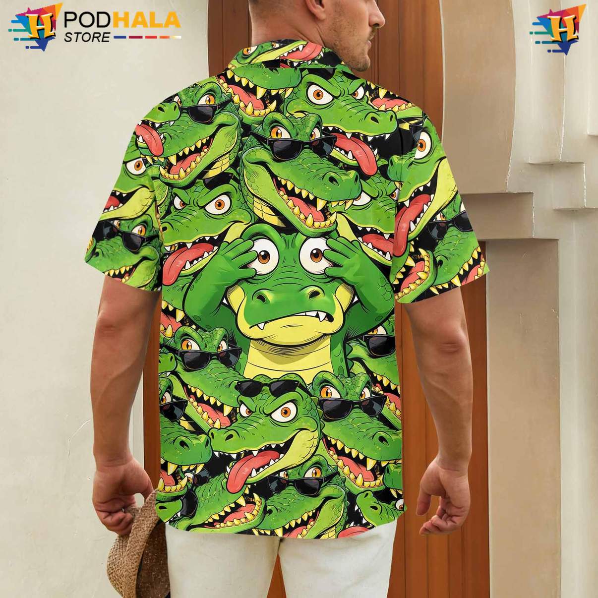 Green Alligator Short-sleeve button-up shirt Mens Funny Summer Beach Party Holiday Outfit Green Alligator Short-sleeve button-up shirt Mens Funny Summer Beach Party Holiday Outfit