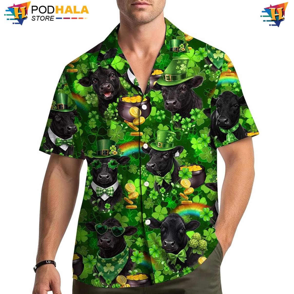 Green Angus Cow Hawaiian Shirt Mens Short Sleeve Casual Summer Beach Top