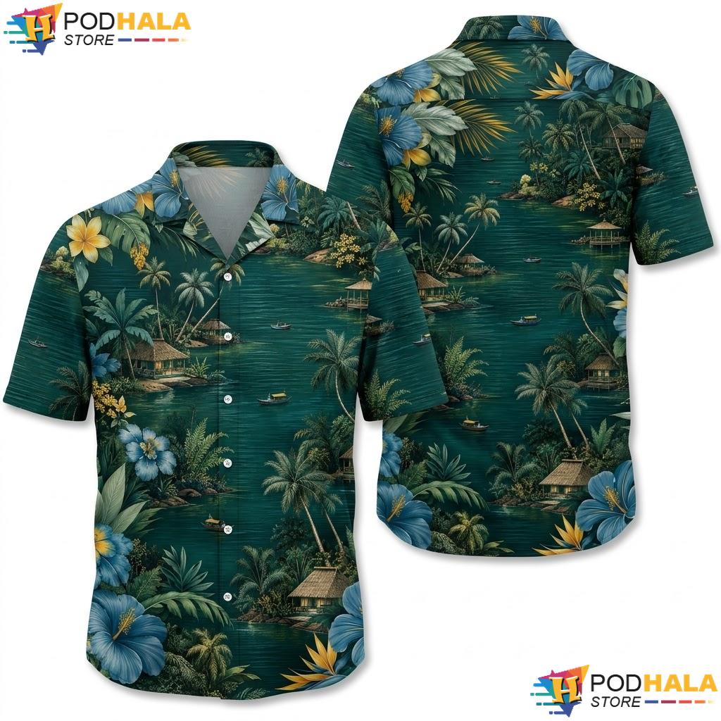 Green Foliage Blue Hibiscus Aloha Shirt Tropical Paradise Mens Top