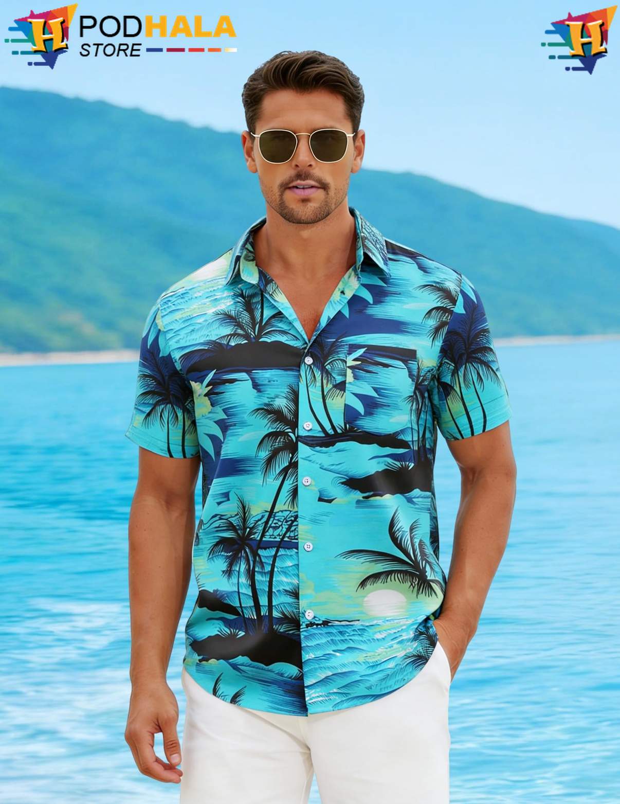 Green Palm Hawaiian Shirt Tree Mens Short Sleeve Casual Summer Beach Top