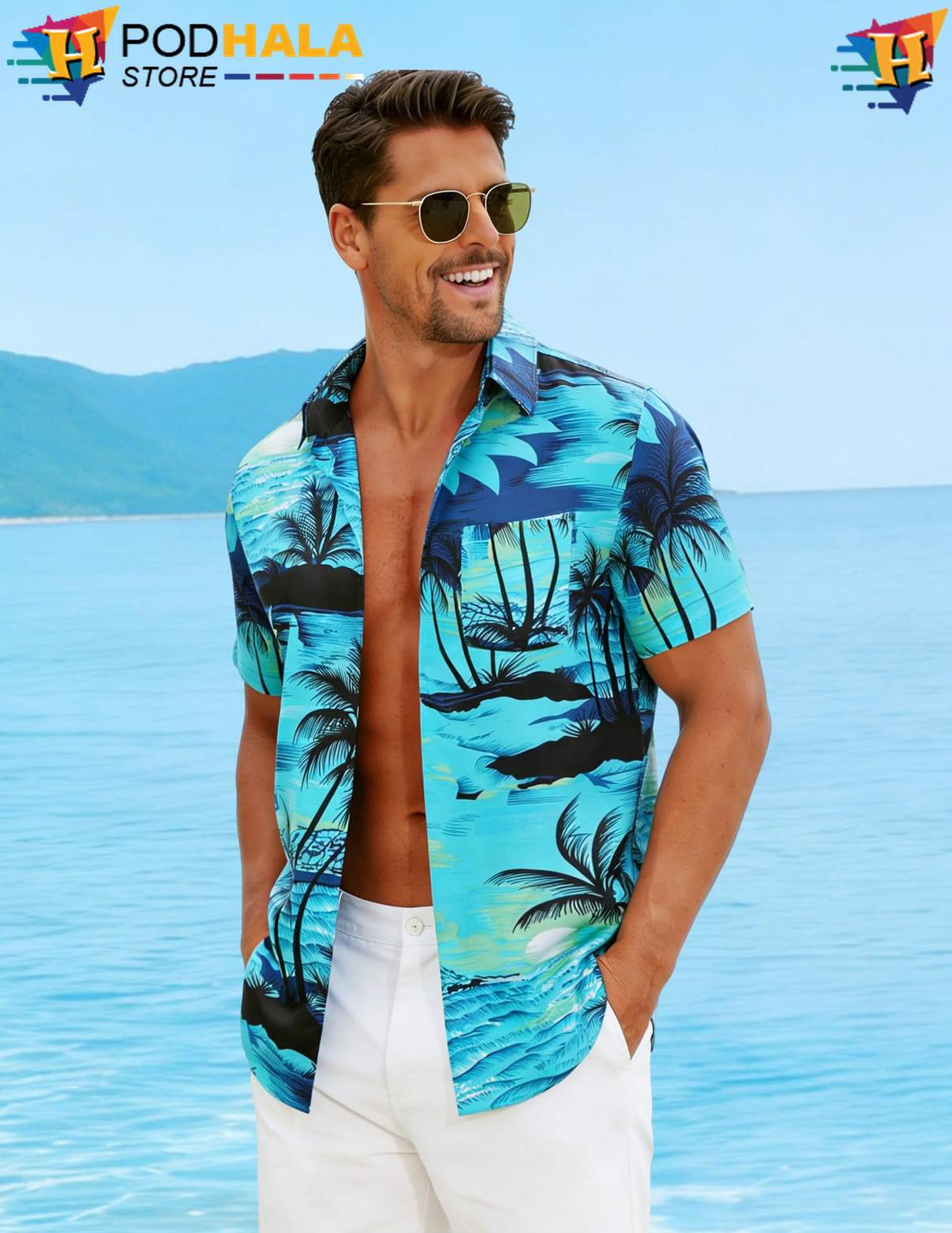 Green Palm Aloha Shirt Tree Mens Short Sleeve Casual Summer Beach Top Green Palm Aloha Shirt Tree Mens Short Sleeve Casual Summer Beach Top