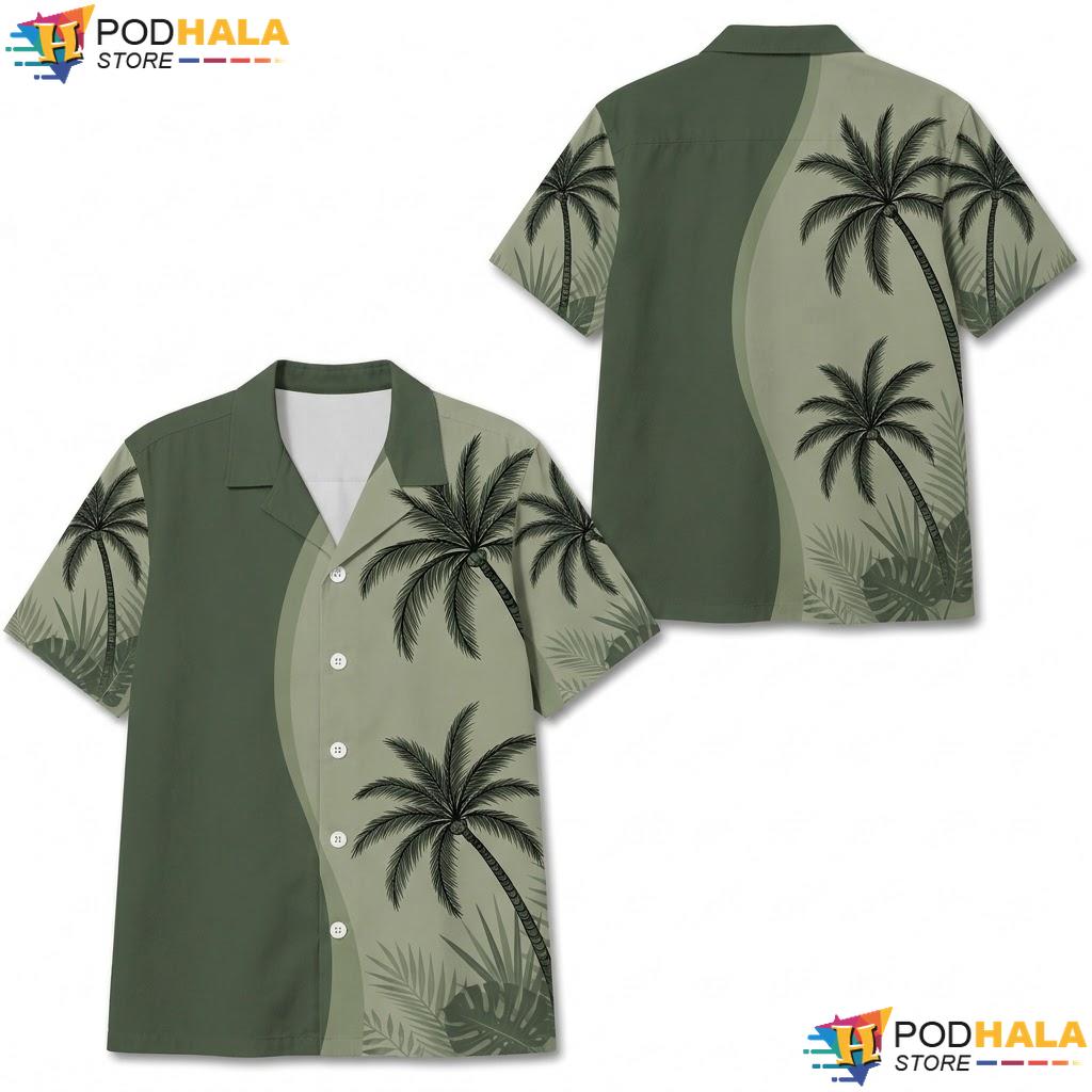 Green Palm Tree Aloha Shirt Tropical Graphic Mens Casual Summer Apparel