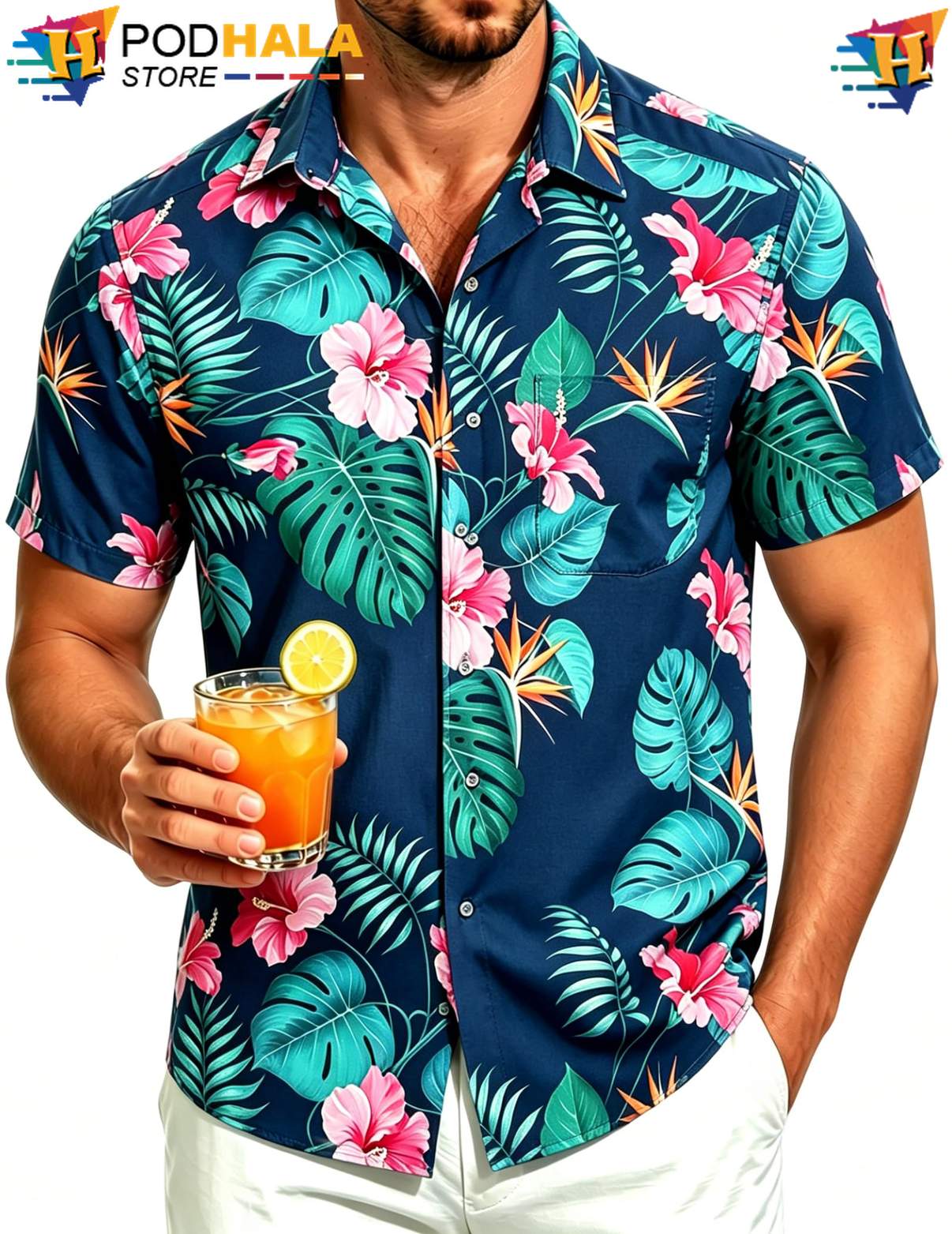 Green Pink Floral Hawaiian Shirt Mens Short Sleeve Casual Summer Beachwear