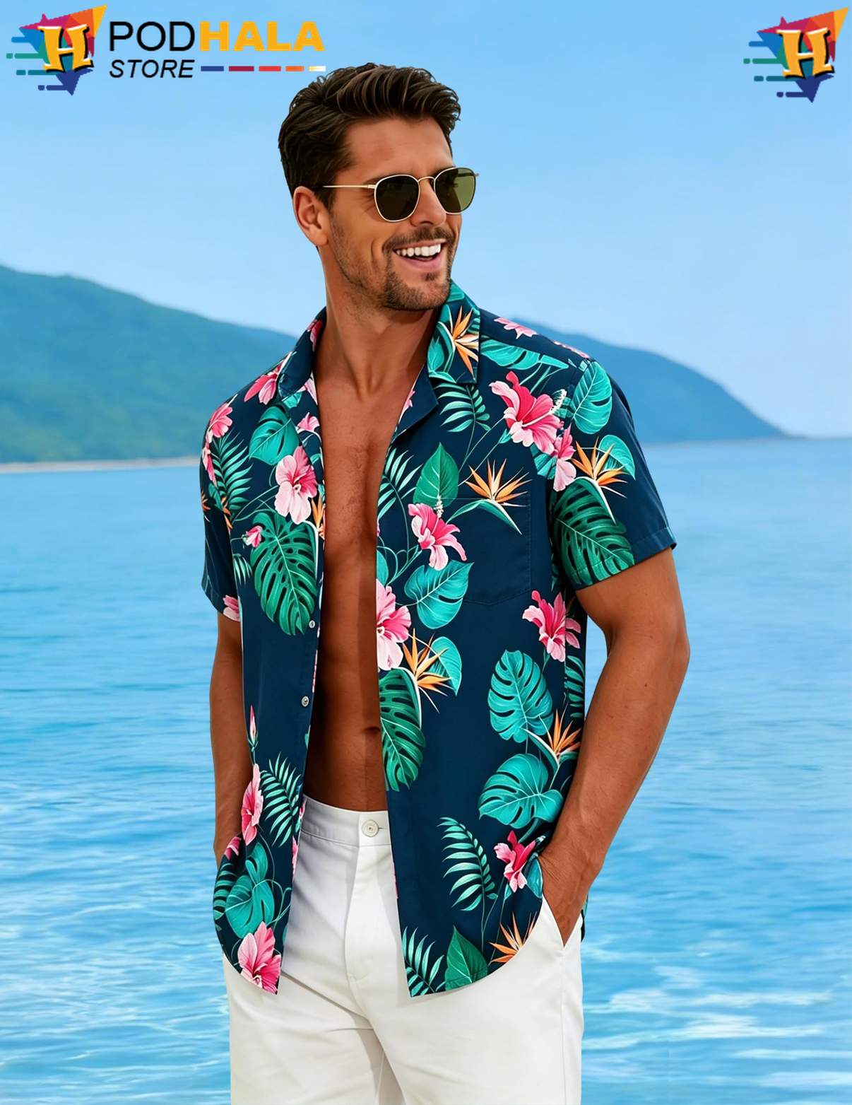 Green Pink Floral Aloha Shirt Mens Short Sleeve Casual Summer Beachwear Green Pink Floral Aloha Shirt Mens Short Sleeve Casual Summer Beachwear