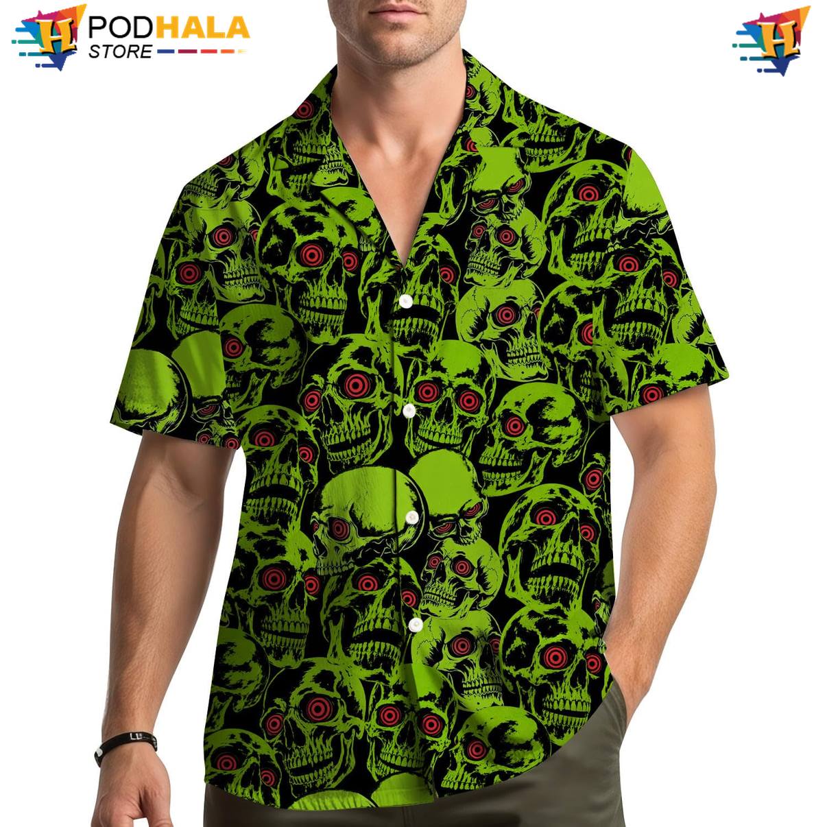 Green Skull Fire Hawaiian Shirt Mens Island Vibe Weekend Camp Button Down