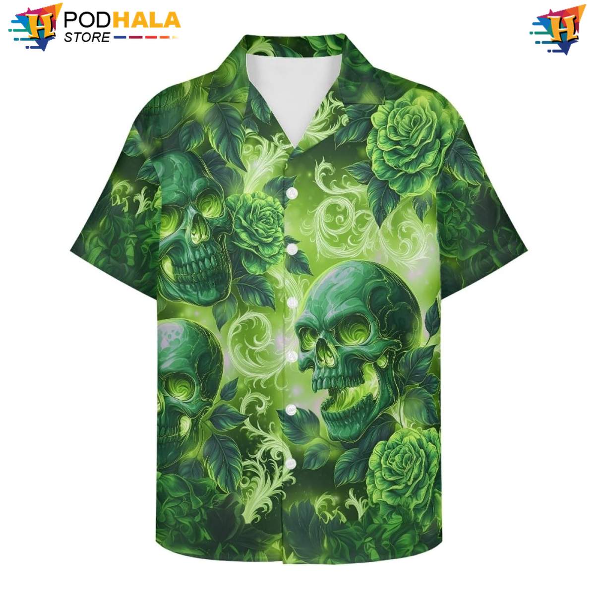 Green Skull Rose Hawaiian Shirt Mens Floral Spread Collar Beach Button Down