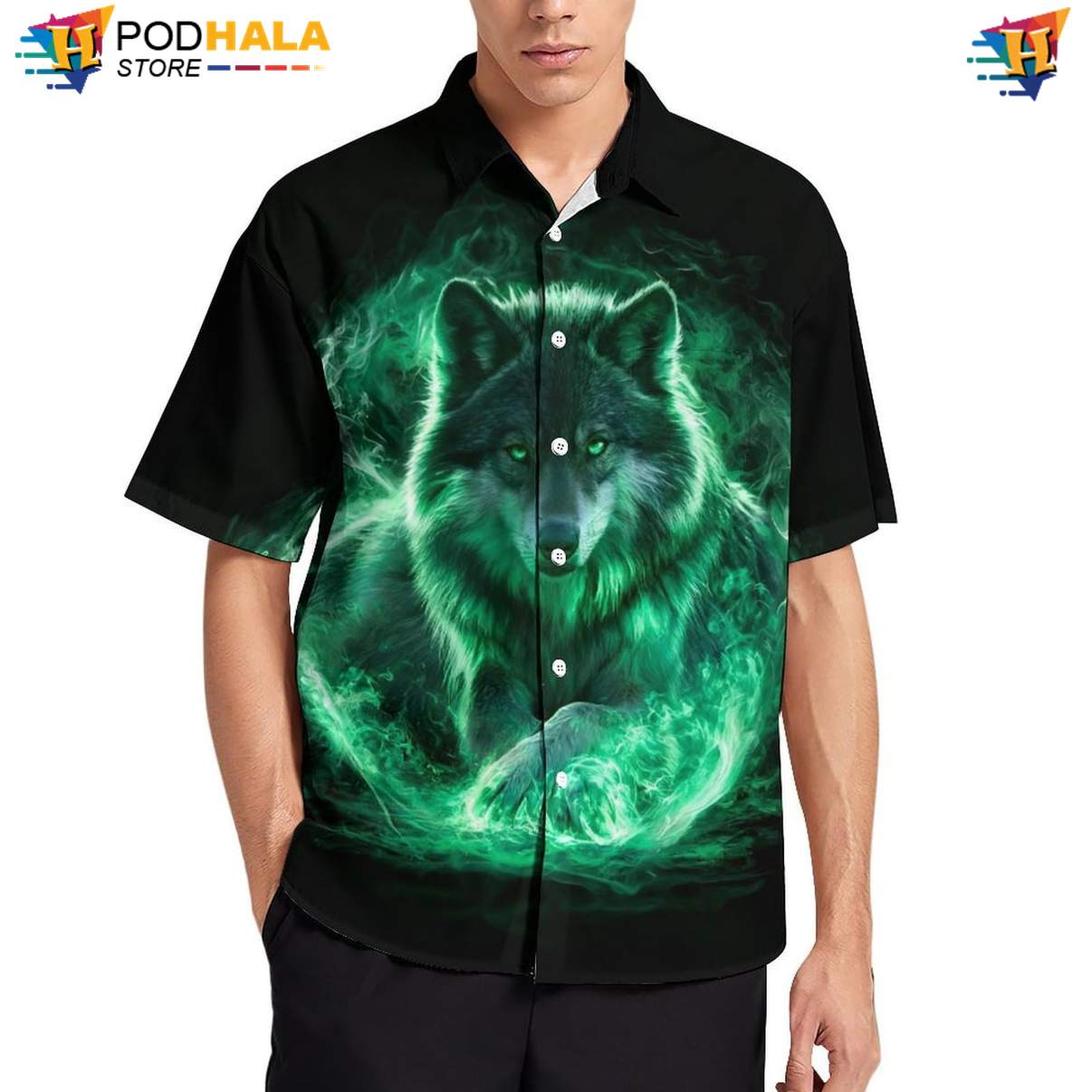 Green Smoke Wolf Hawaiian Shirt Mens Cool Galaxy Print Casual Beach Outfit