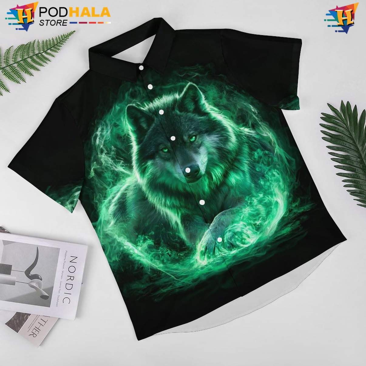 Green Smoke Wolf Aloha Shirt Mens Cool Galaxy Print Casual Beach Outfit Green Smoke Wolf Aloha Shirt Mens Cool Galaxy Print Casual Beach Outfit