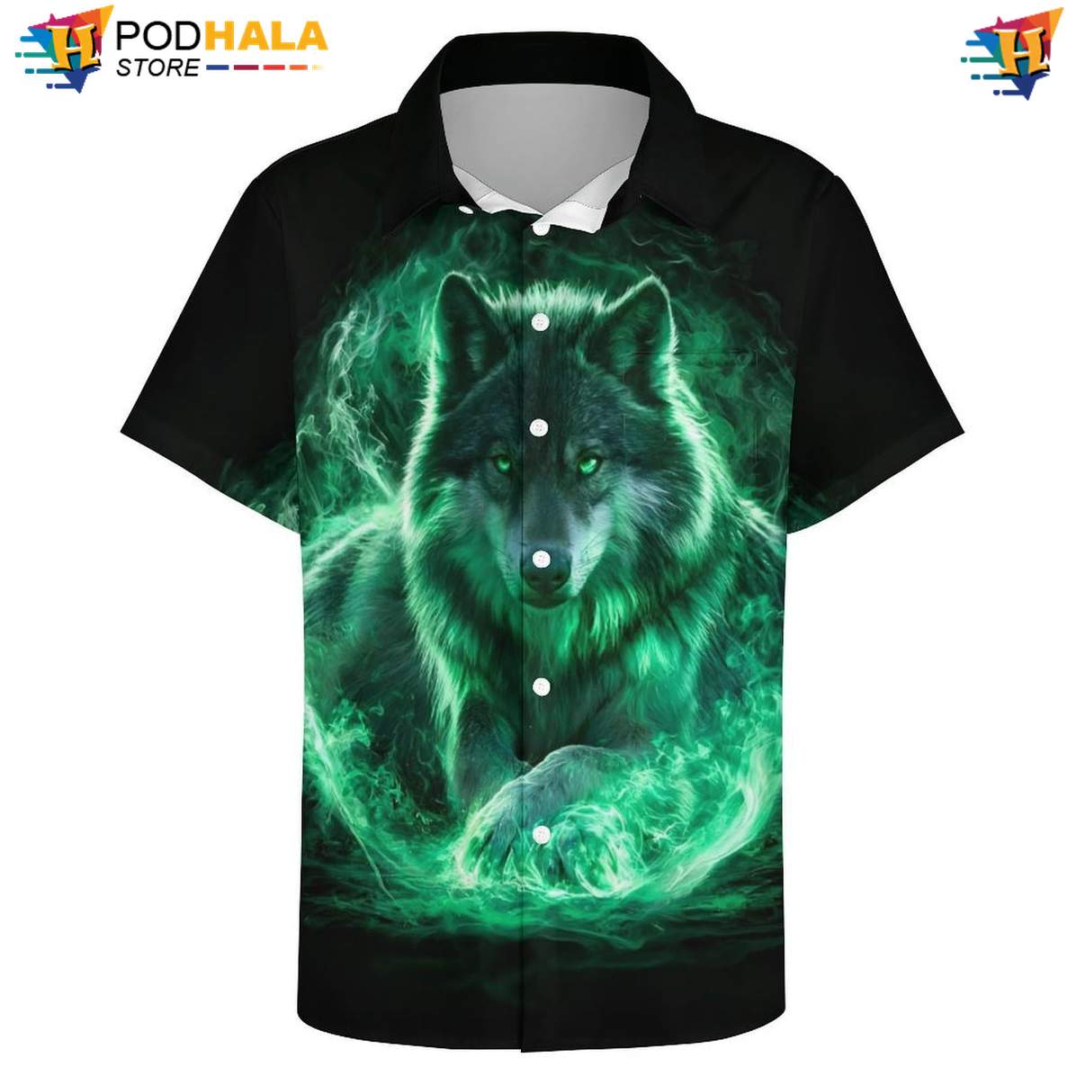 Green Smoke Wolf Tropical Shirt Mens Cool Galaxy Print Casual Beach Outfit Green Smoke Wolf Tropical Shirt Mens Cool Galaxy Print Casual Beach Outfit