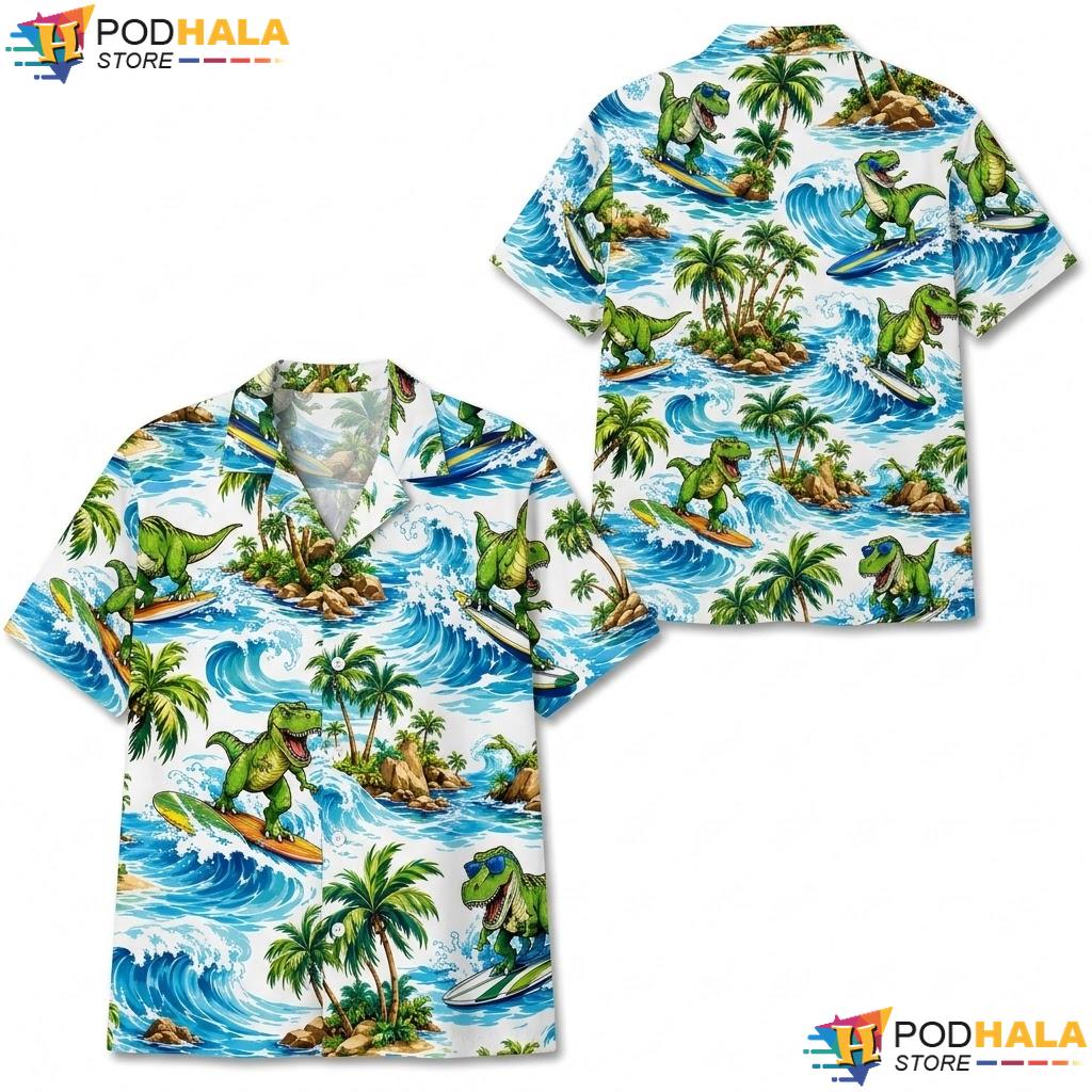 Green T Rex Surfing Hawaiian Shirt Playful Palm Tree Graphic Apparel