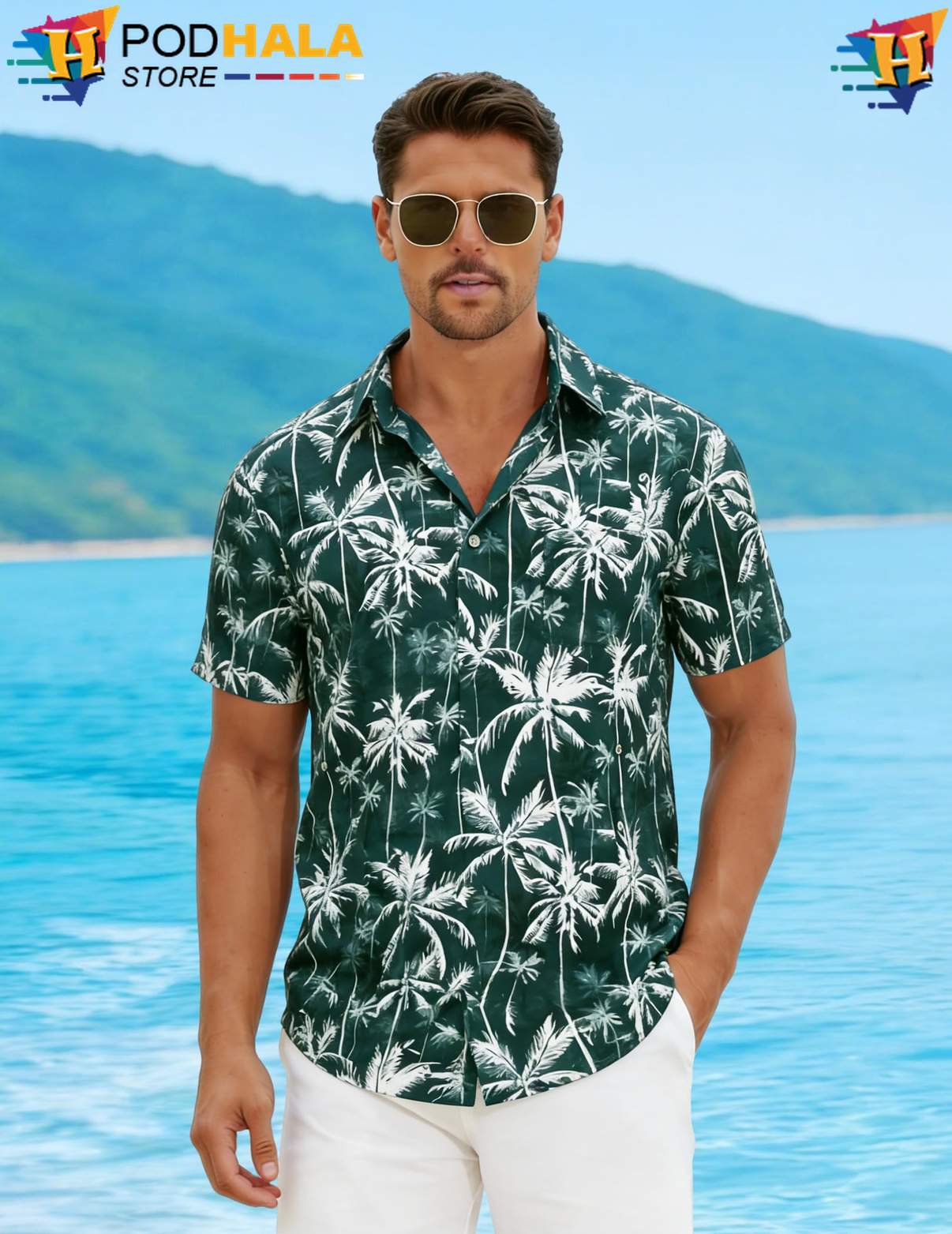 Green Three Hawaiian Shirt Palm Tree Mens Short Sleeve Casual Beachwear