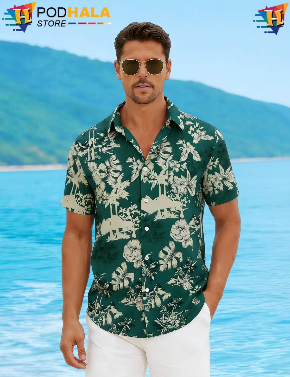 Green Two Hawaiian Shirt Palm Tree Mens Short Sleeve Casual Summer Apparel