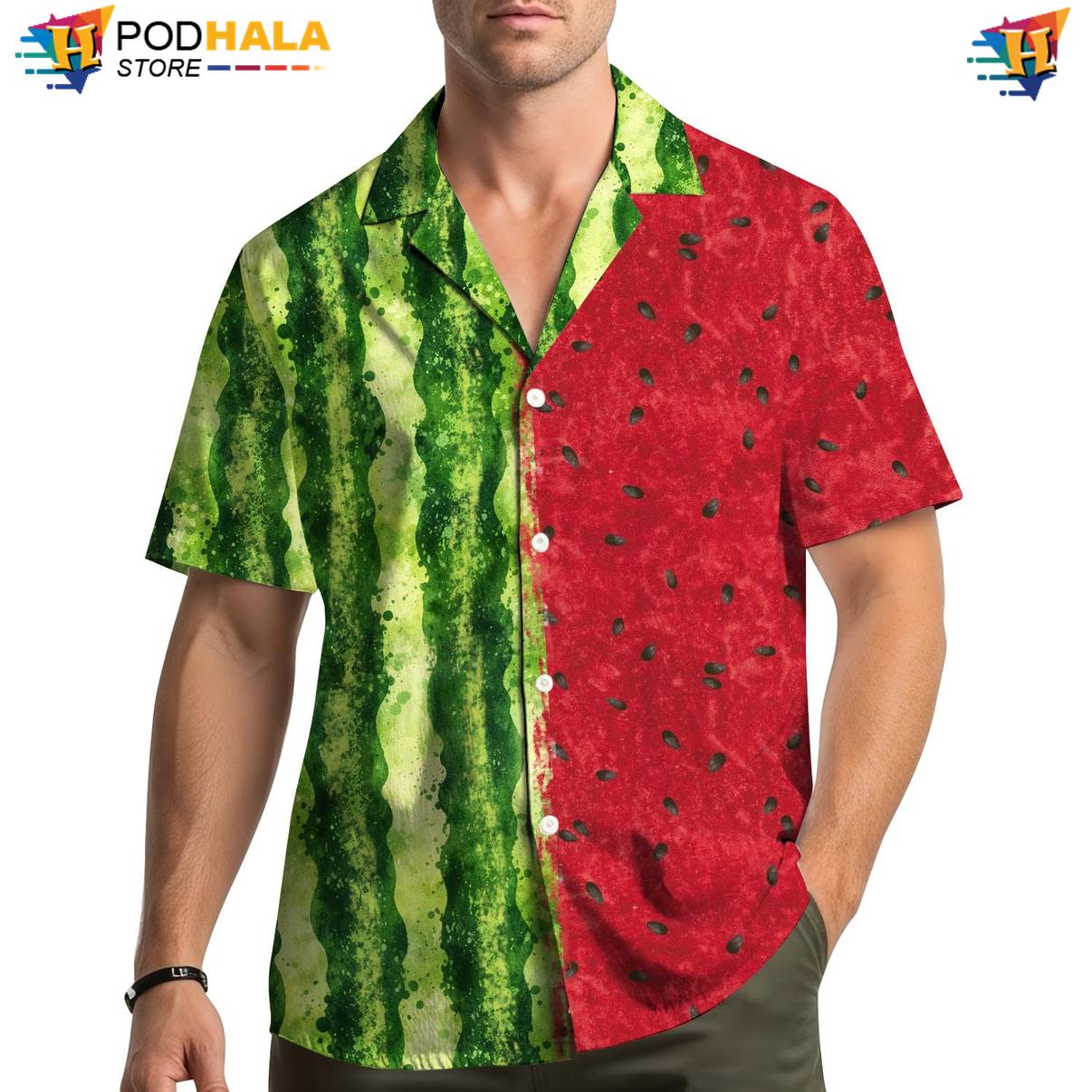 Green Watermelon Hawaiian Shirt Mens Short Sleeve Casual Summer Beach Top