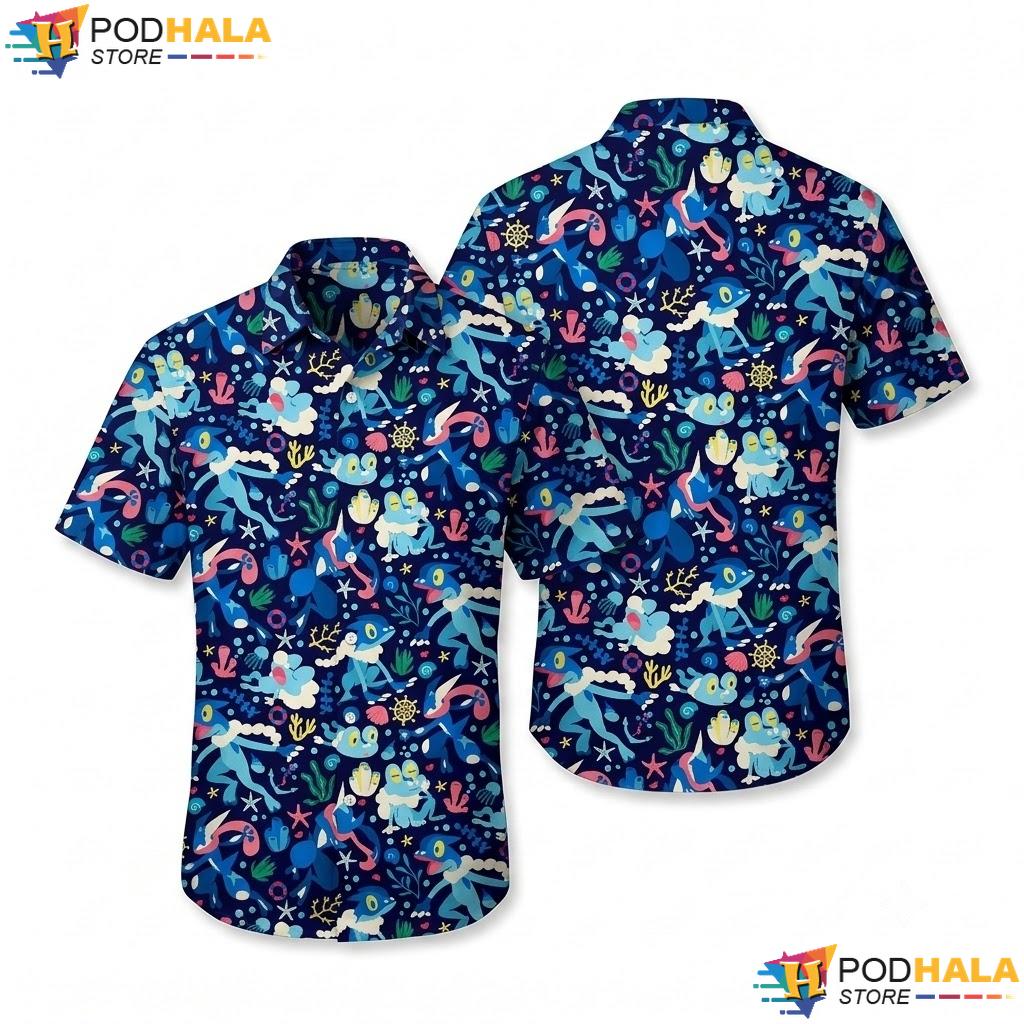 Greninja Froakie Button Up Shirt Ocean Pattern Summer Beach Outfit