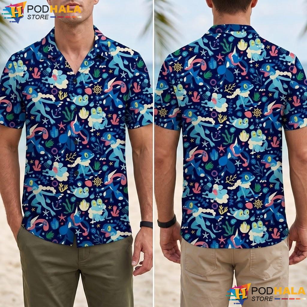Greninja Froakie Button Up T-Shirt Ocean Pattern Summer Beach Outfit Greninja Froakie Button Up T-Shirt Ocean Pattern Summer Beach Outfit