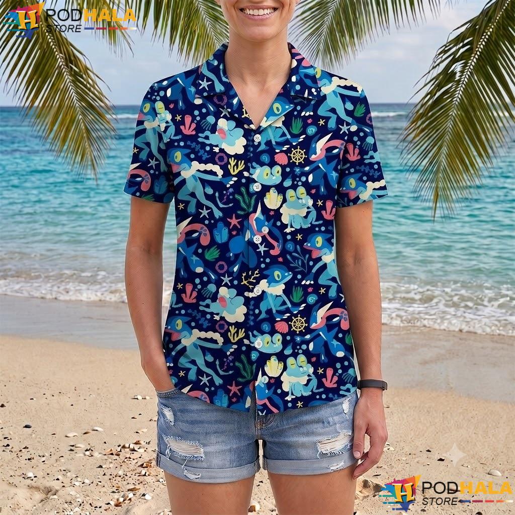 Greninja Froakie Button Up Tshirt Ocean Pattern Summer Beach Outfit Greninja Froakie Button Up Tshirt Ocean Pattern Summer Beach Outfit