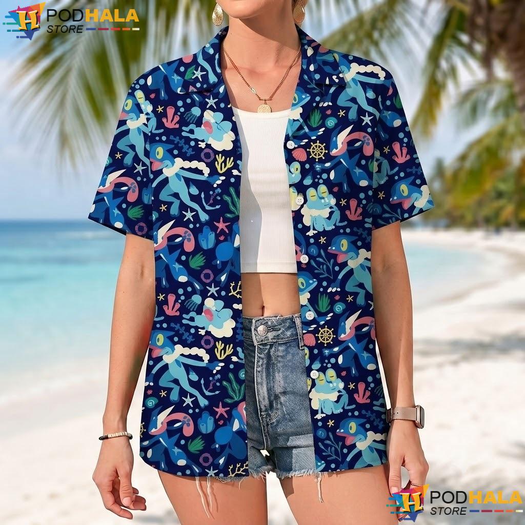Greninja Froakie Button Up Tee Ocean Pattern Summer Beach Outfit Greninja Froakie Button Up Tee Ocean Pattern Summer Beach Outfit