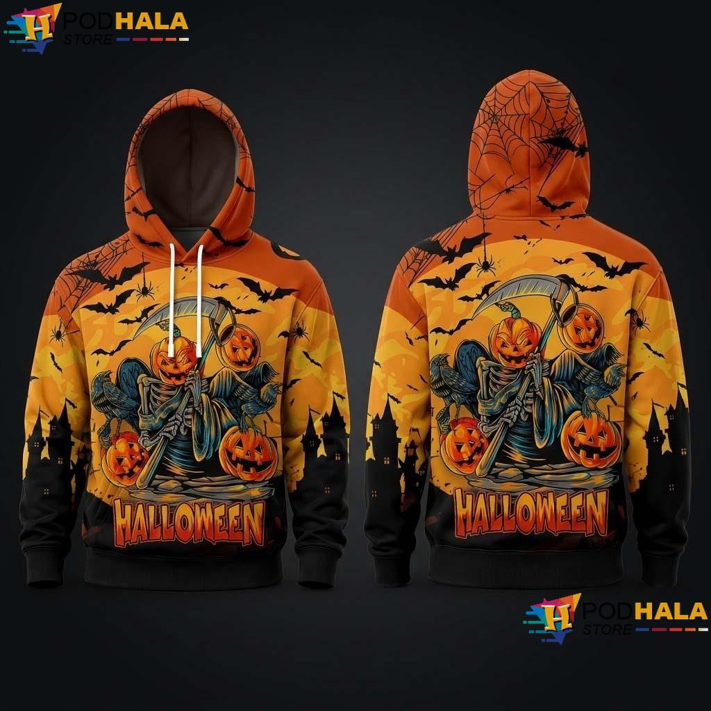 Grim Reaper Halloween AOP Hoodie Pumpkin Spooky Skull Gothic Horror Top