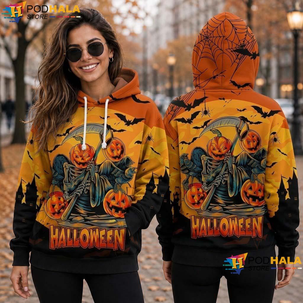 Grim Reaper Halloween 3D Hoodie Pumpkin Spooky Skull Gothic Horror Top Grim Reaper Halloween 3D Hoodie Pumpkin Spooky Skull Gothic Horror Top