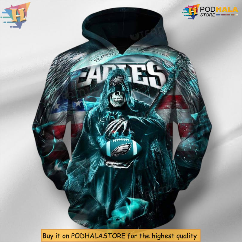 Grim Reaper USA Flag Theme Philadelphia Eagles Pullover Hoodie Fan Edition