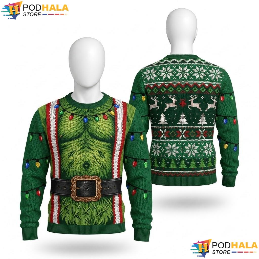 Grinch Lights Reindeer Ugly Christmas Sweater Humorous Festive Xmas Top