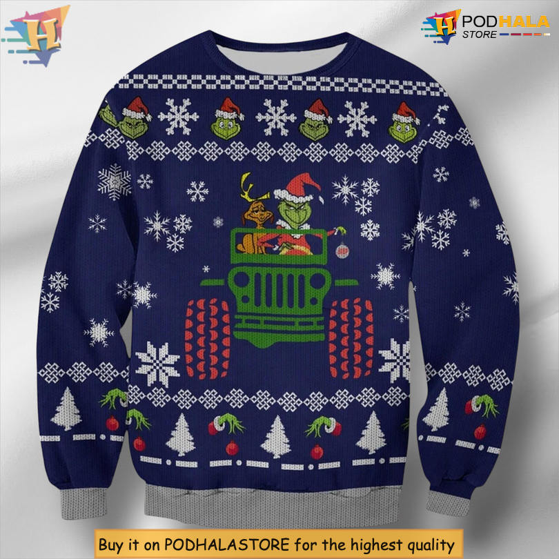Grinch With Dog Driving Jeep Funny Cartoon Festive 3D Christmas Sweater