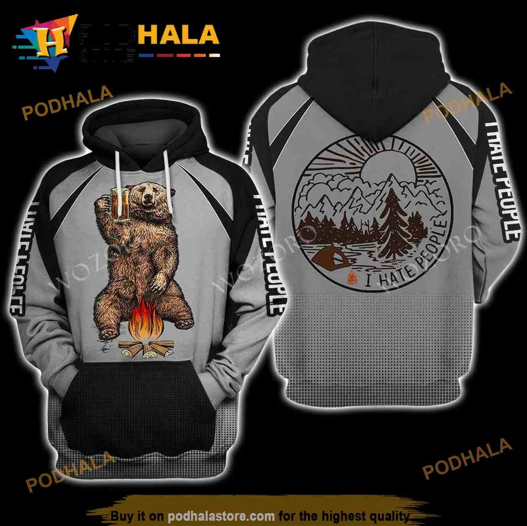 Grumpy Bear Camping 3d Hoodie With I Hate People Graphic
