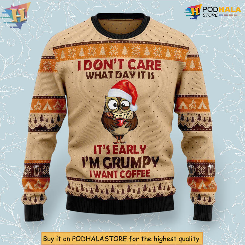 Grumpy Owl Character Illustration Cute Forest Design Festive Xmas Sweater