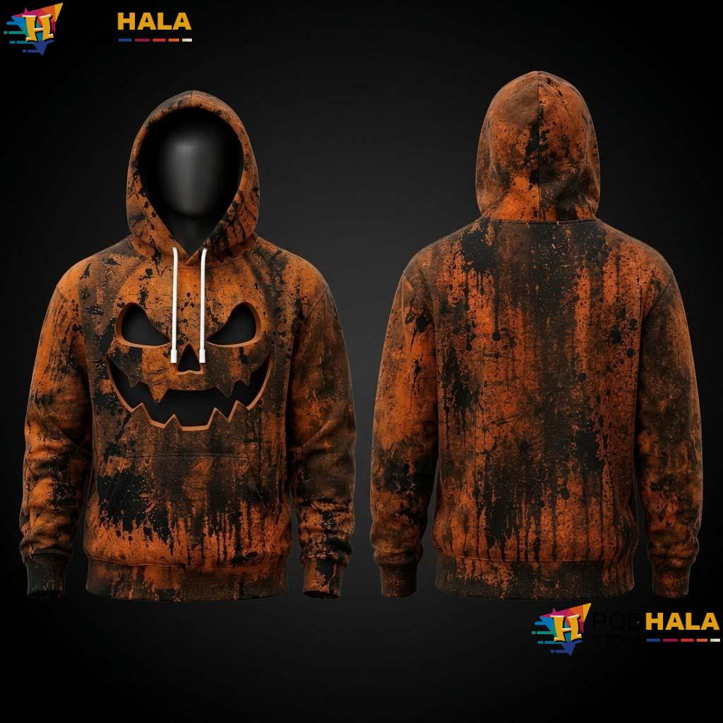 Grunge Halloween All Over Print Hoodie Orange Black Pumpkin Face Unisex