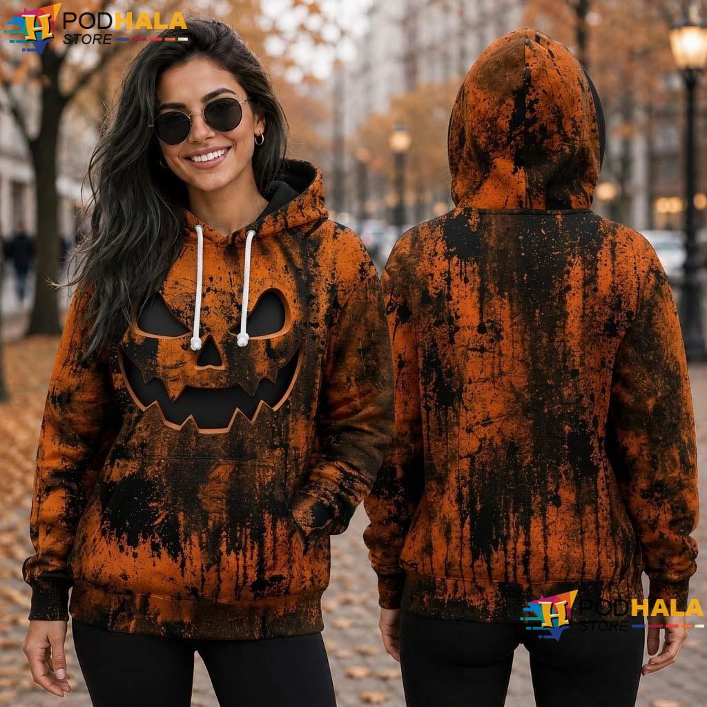 Grunge Halloween 3D Hoodie Orange Black Pumpkin Face Unisex Grunge Halloween 3D Hoodie Orange Black Pumpkin Face Unisex
