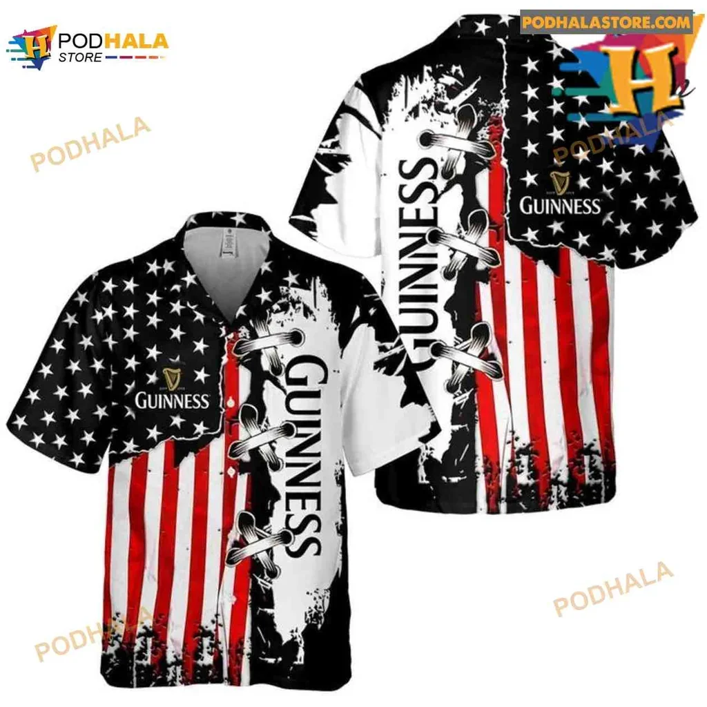 Guinness American Flag Hawaiian Shirt With Bold Logo Design