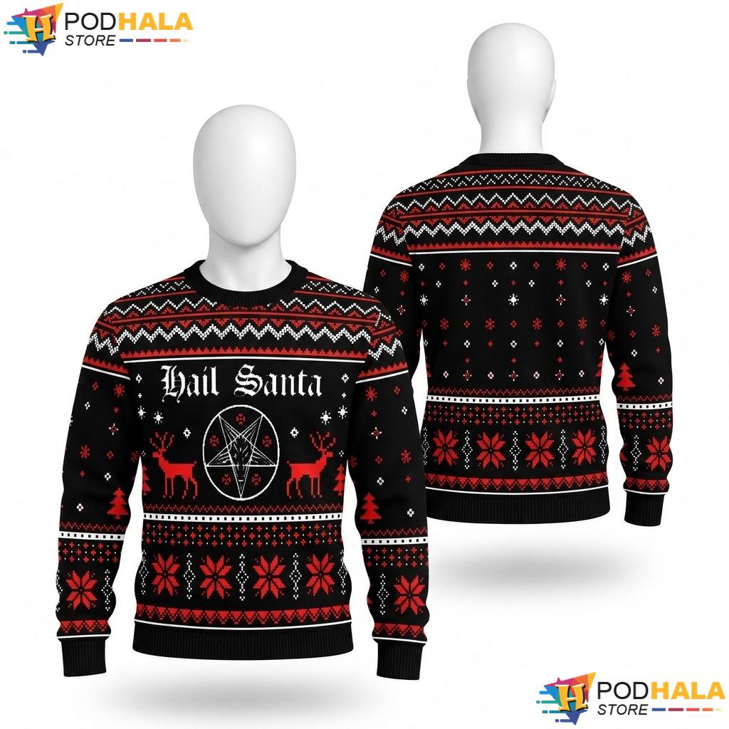 Hail Santa Ugly Christmas Sweater Funny Satanic Goth Demon Holiday Top