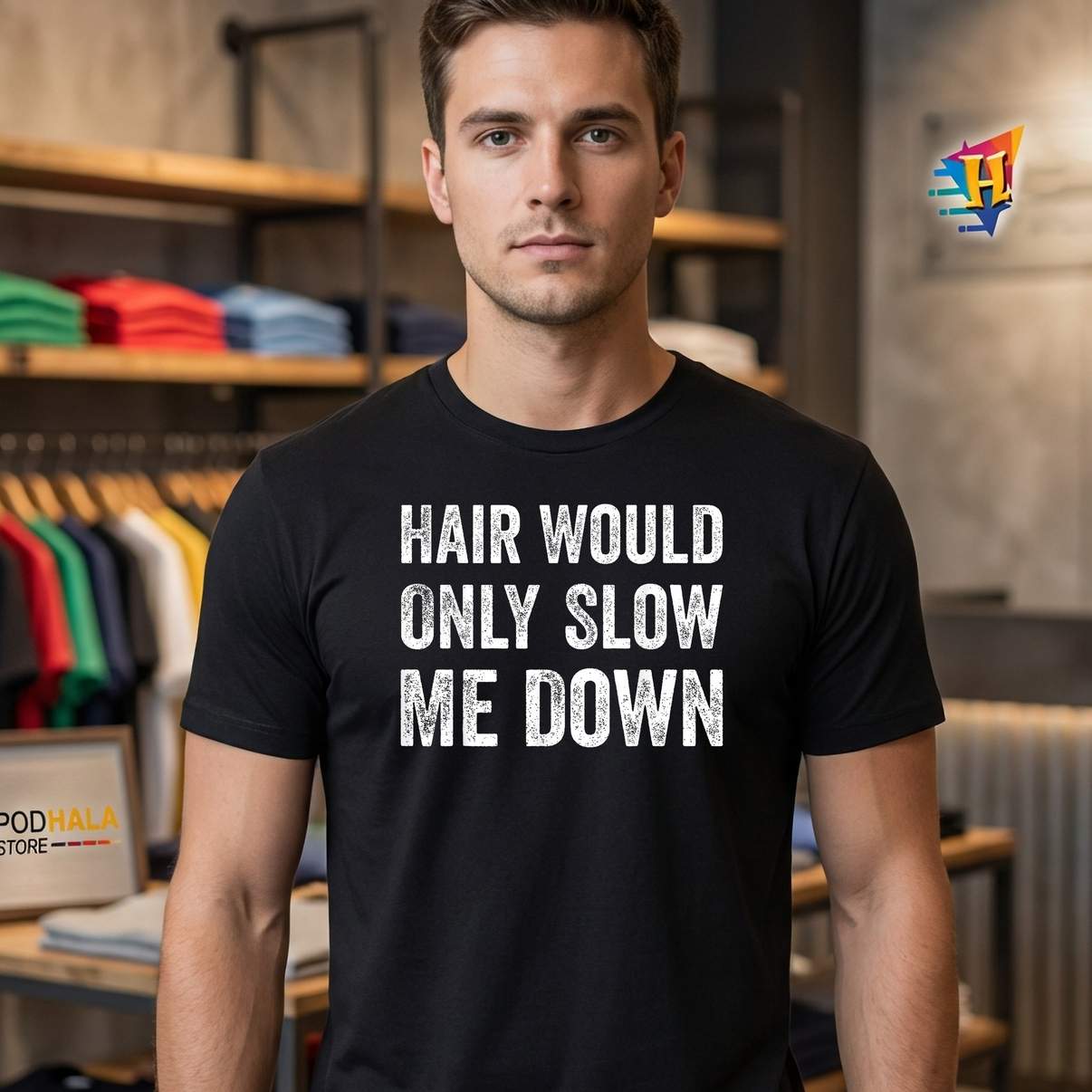 Hair Would Only Slow Shirt Down Bald Humor Funny Joke Graphic Mens Apparel