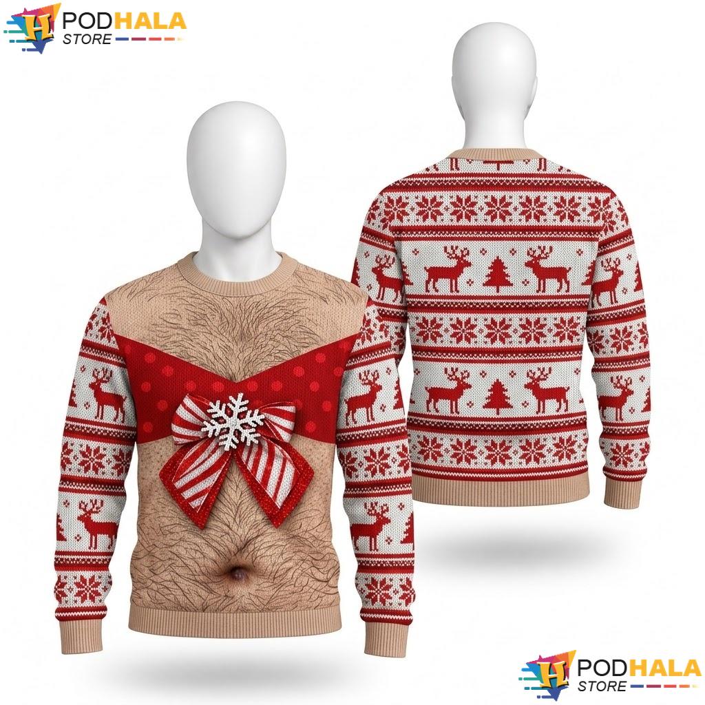 Hairy Belly Reindeer Vintage Xmas Sweater Funny Snowflake Holiday Knit