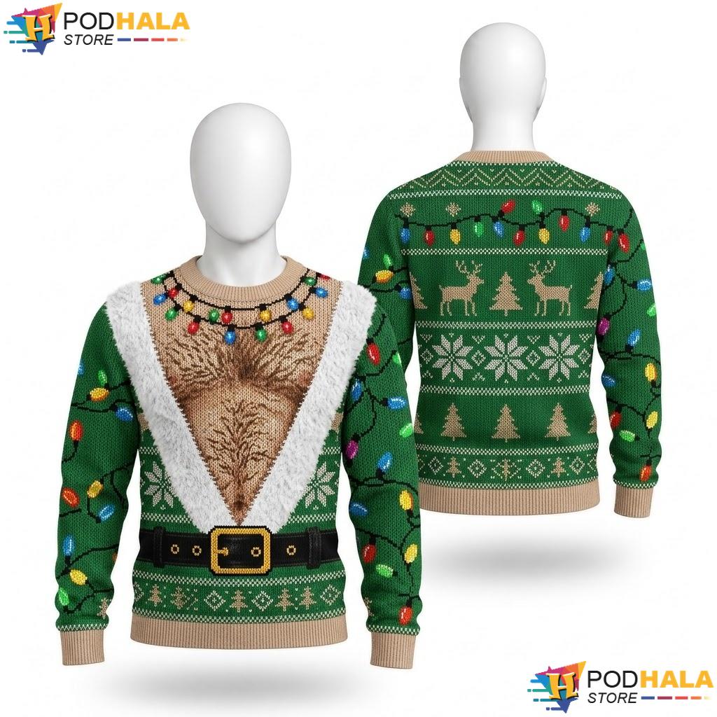 Hairy Chest Green Lights Ugly Xmas Sweater Funny Reindeer Christmas Top