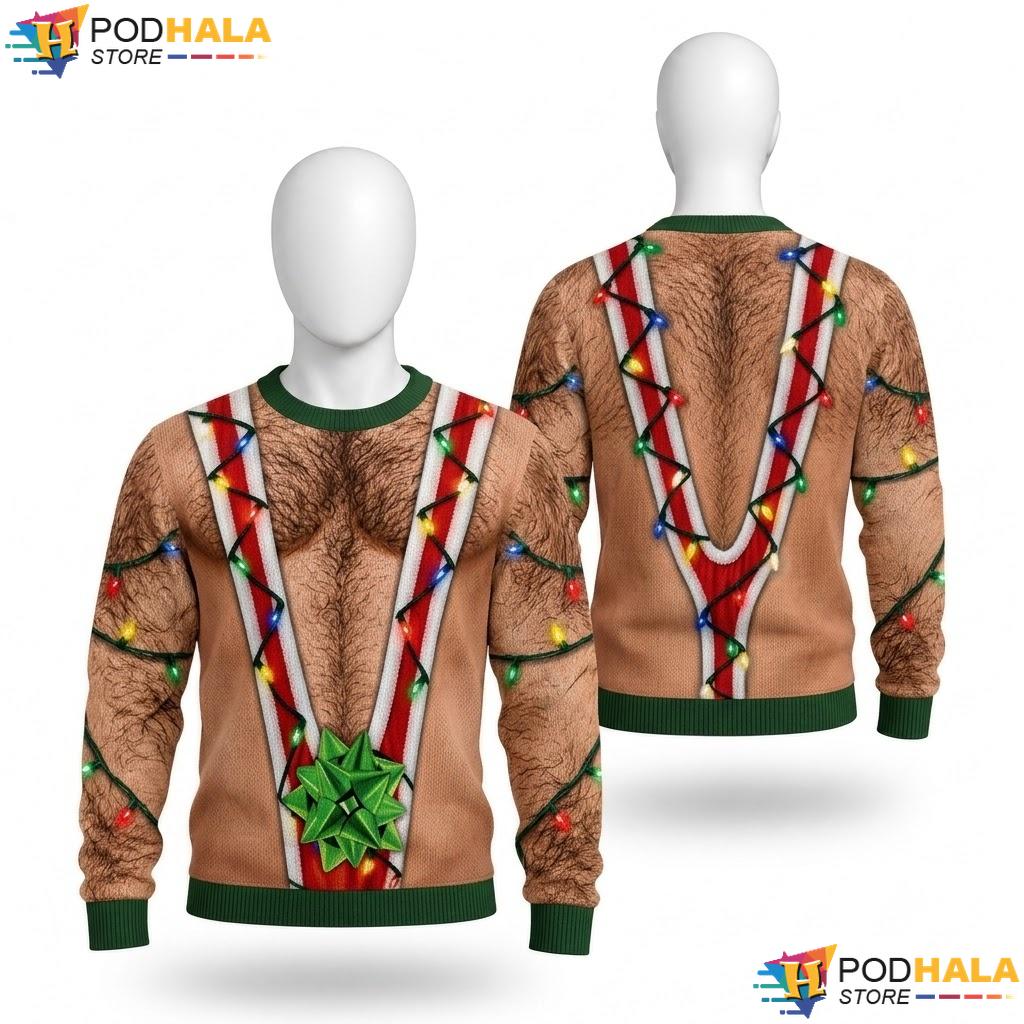Hairy Chest Lights Bow Ugly Xmas Sweater Humorous Funny Christmas Outfit