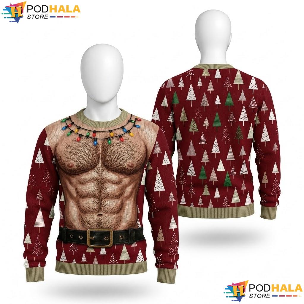 Hairy Chest Lights Trees Ugly Xmas Sweater Humorous Funny Christmas Top