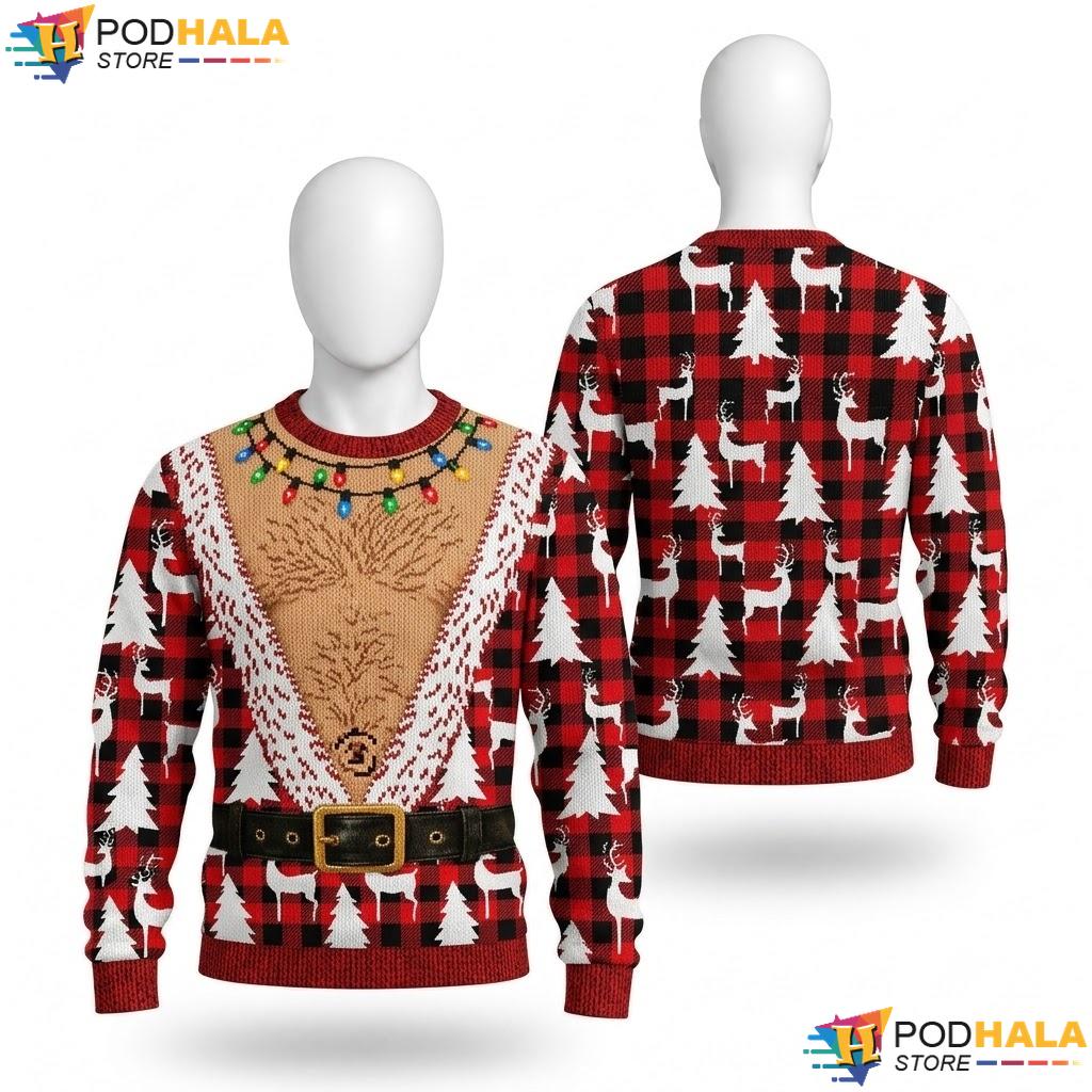 Hairy Chest Red Festive Details Ugly Christmas Sweater Humorous Xmas