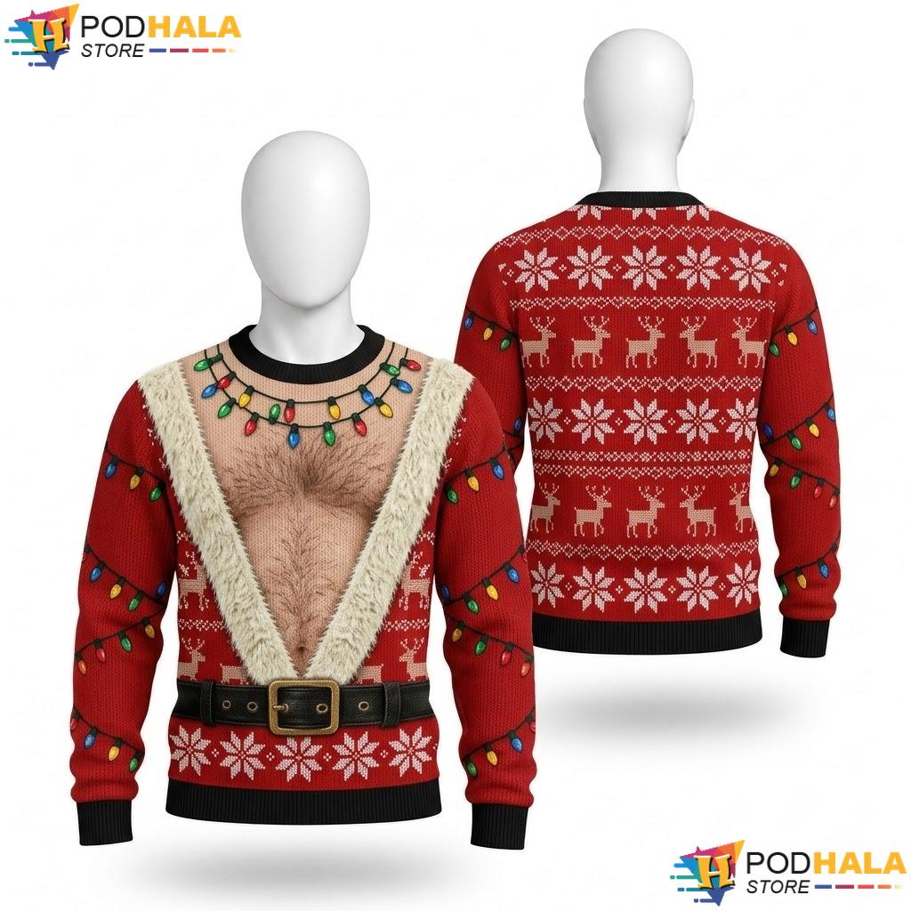Hairy Chest Red Snowflake Ugly Christmas Sweater Funny Festive Xmas Top