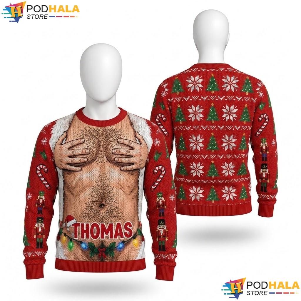 Hairy Chest Red Wool Ugly Christmas Sweater Personalized Name Xmas Top