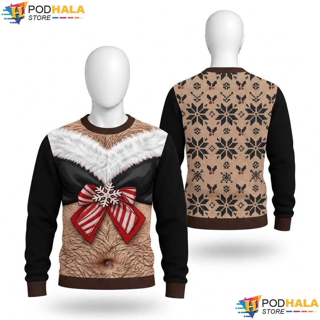 Hairy Chest Santa Bow Snowflake Ugly Xmas Sweater Humorous Christmas