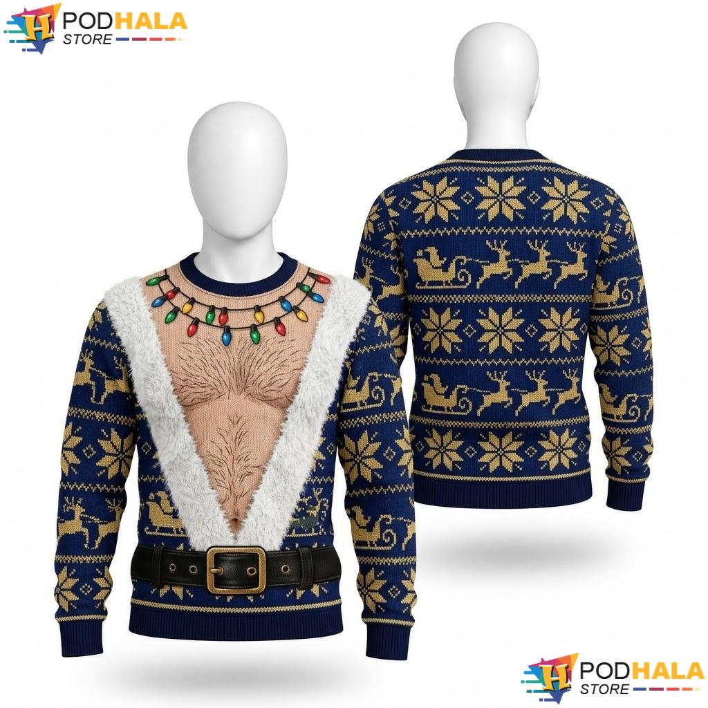 Hairy Chest Santa Lights Ugly Christmas Sweater Funny Festive Xmas Top