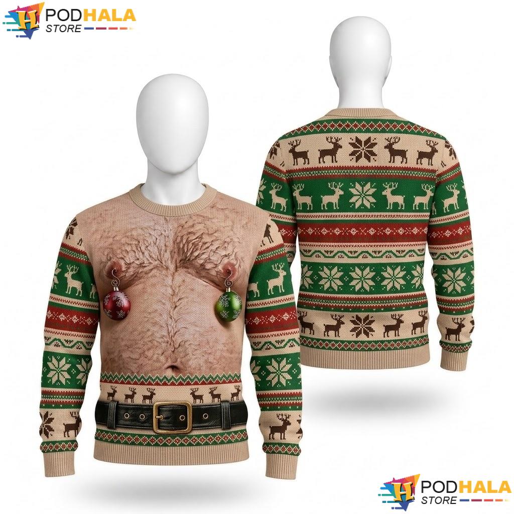 Hairy Chest Santa Ornaments Ugly Christmas Sweater Humorous Funny Xmas