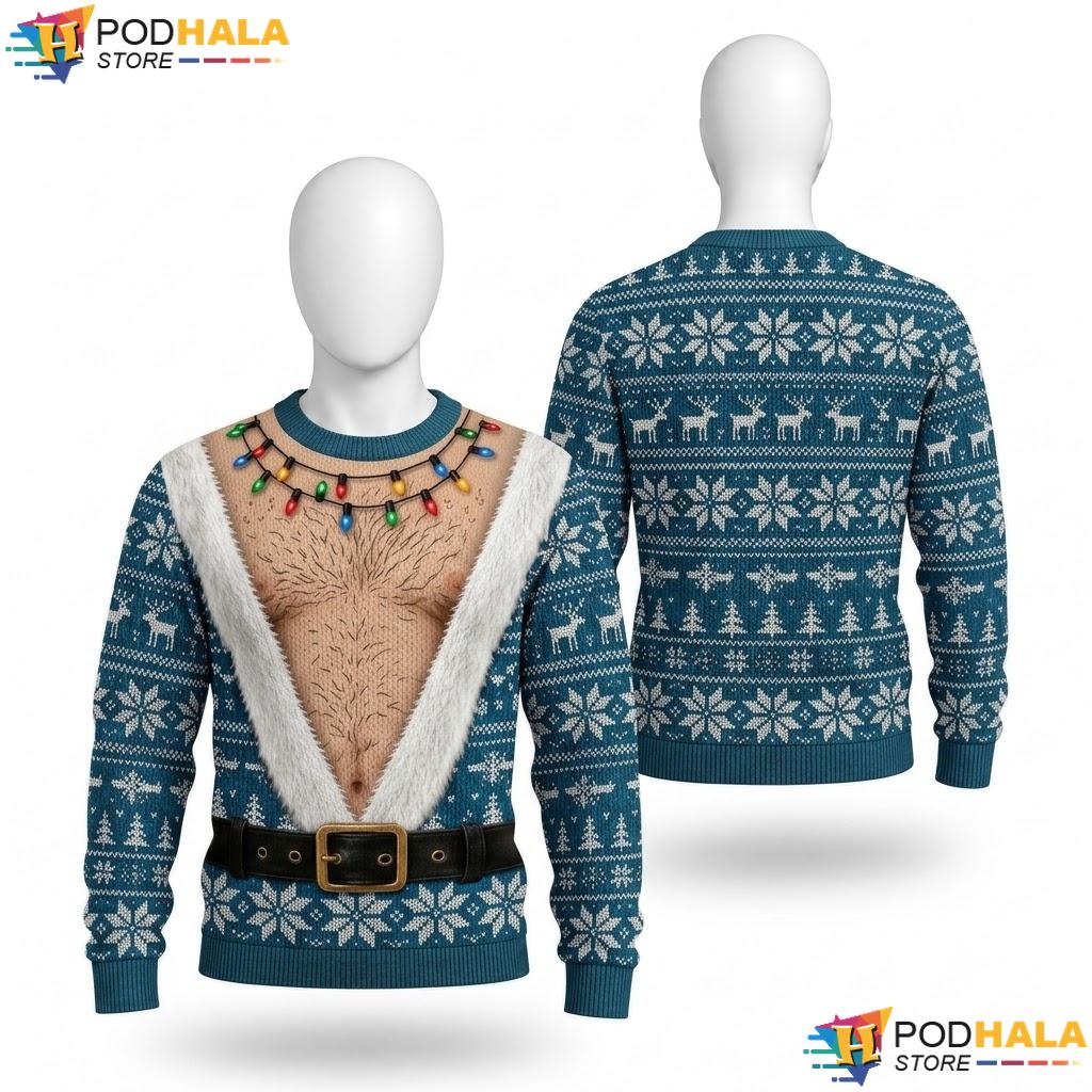 Hairy Chest Teal Blue Lights Ugly Christmas Sweater Funny Xmas Apparel