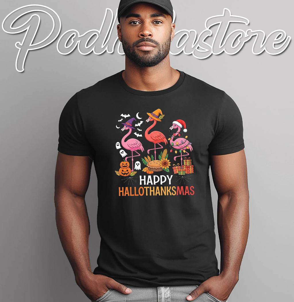 Hallothanksmas Flamingo Thanksgiving T-Shirt Happy Xmas Halloween Top