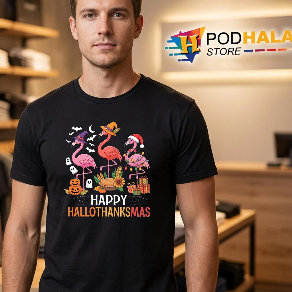 Hallothanksmas Flamingo Thanksgiving Shirt Happy Xmas Halloween Top Hallothanksmas Flamingo Thanksgiving Shirt Happy Xmas Halloween Top