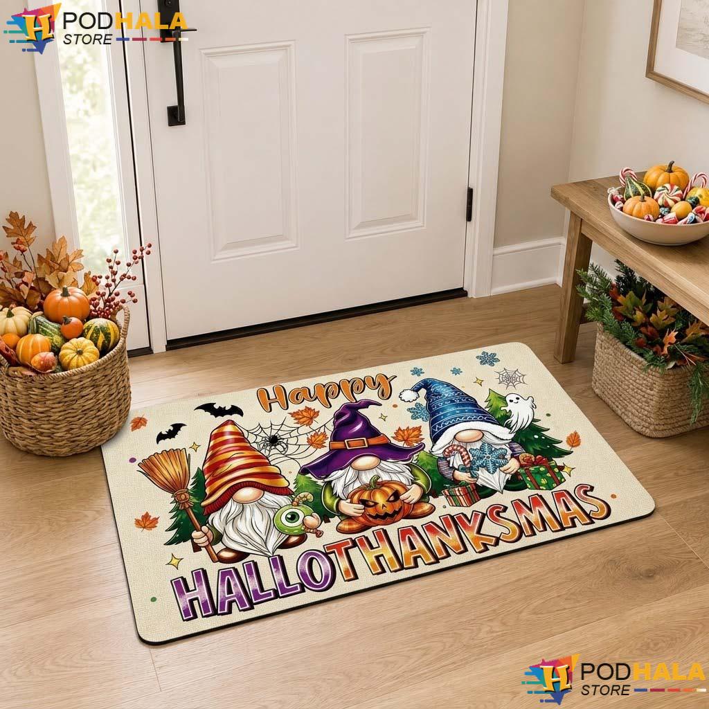 Hallothanksmas Gnome Fall Doormat Cute Thanksgiving Welcome Entrance Rug Decor