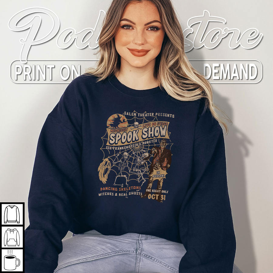 Halloween Graphic Tees, Spook Show Sweatshirt With Witch And Frankenstein
