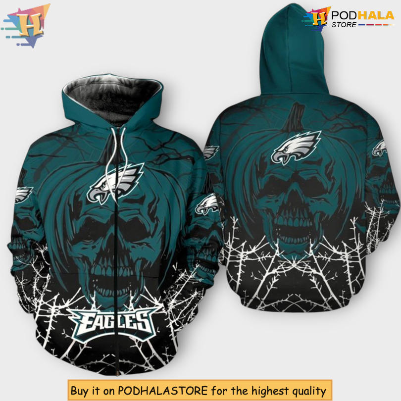 Halloween Pumpkin Skull Philadelphia Eagles Zip Up Hoodie 3D Pullover Halloween Pumpkin Skull Philadelphia Eagles Zip Up Hoodie 3D Pullover
