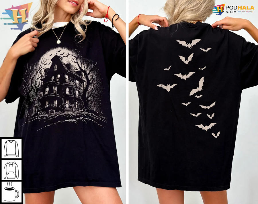 Haunted House Halloween Shirt With Gothic Mansion And Moonlight Bats